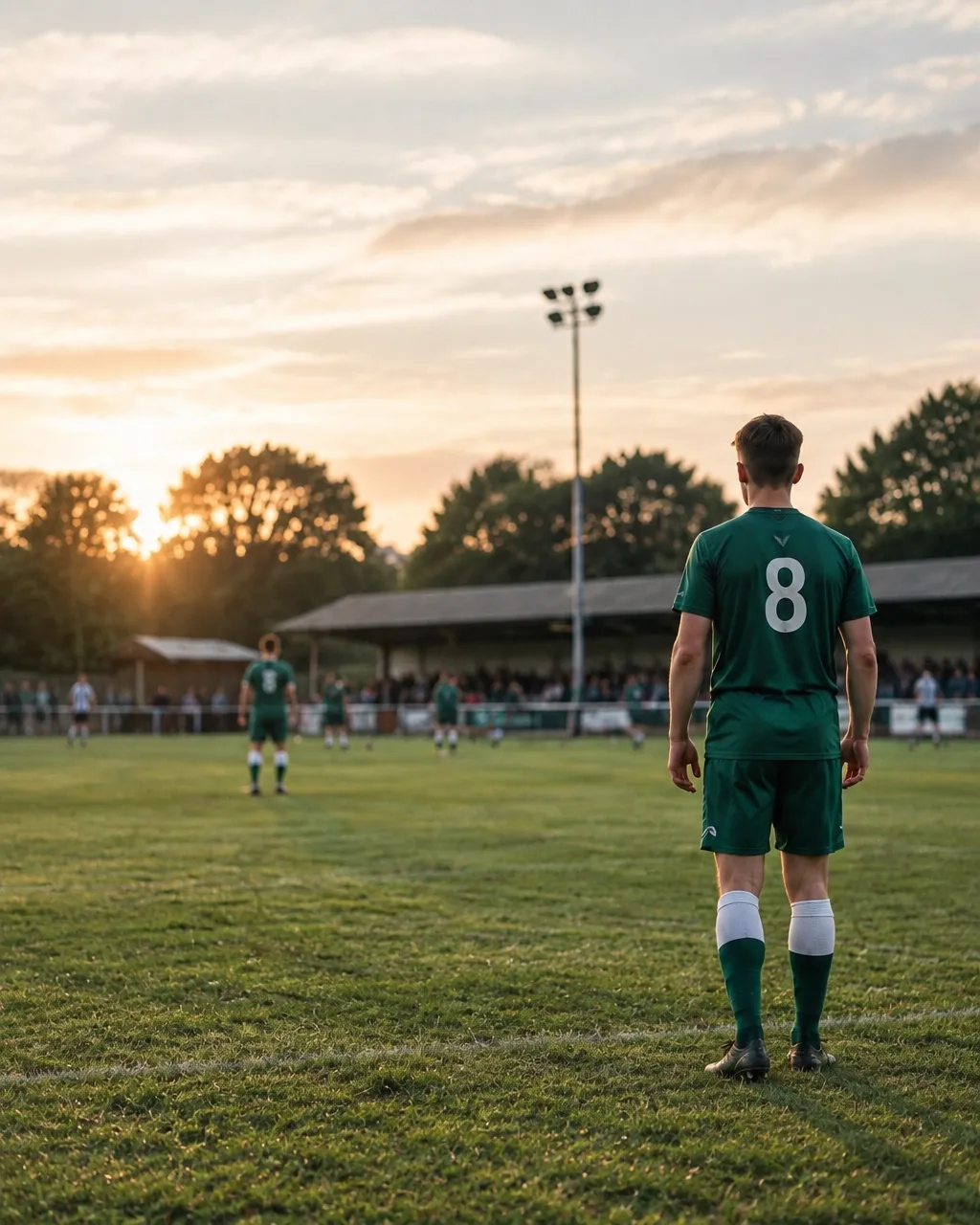 A grassroots footballer on a local pitch at sunset